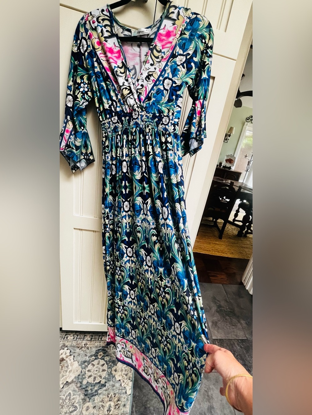 Lapogee Floral Navy & Blue V-Neck Smocked Waist Maxi Dress M